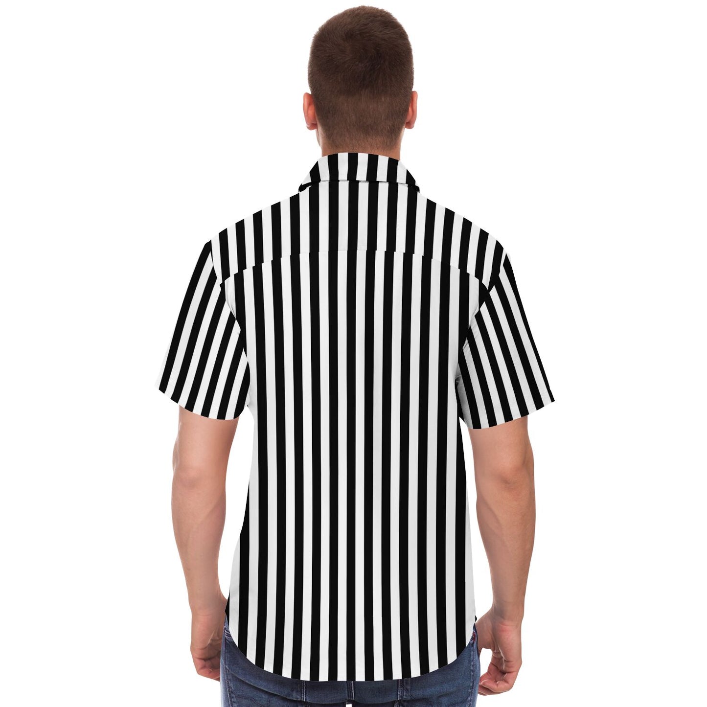 Black and White Vertical Striped Men Button Up Shirt, Short Sleeve Print Casual Buttoned Down Summer Male Guys Collared Designer Dress