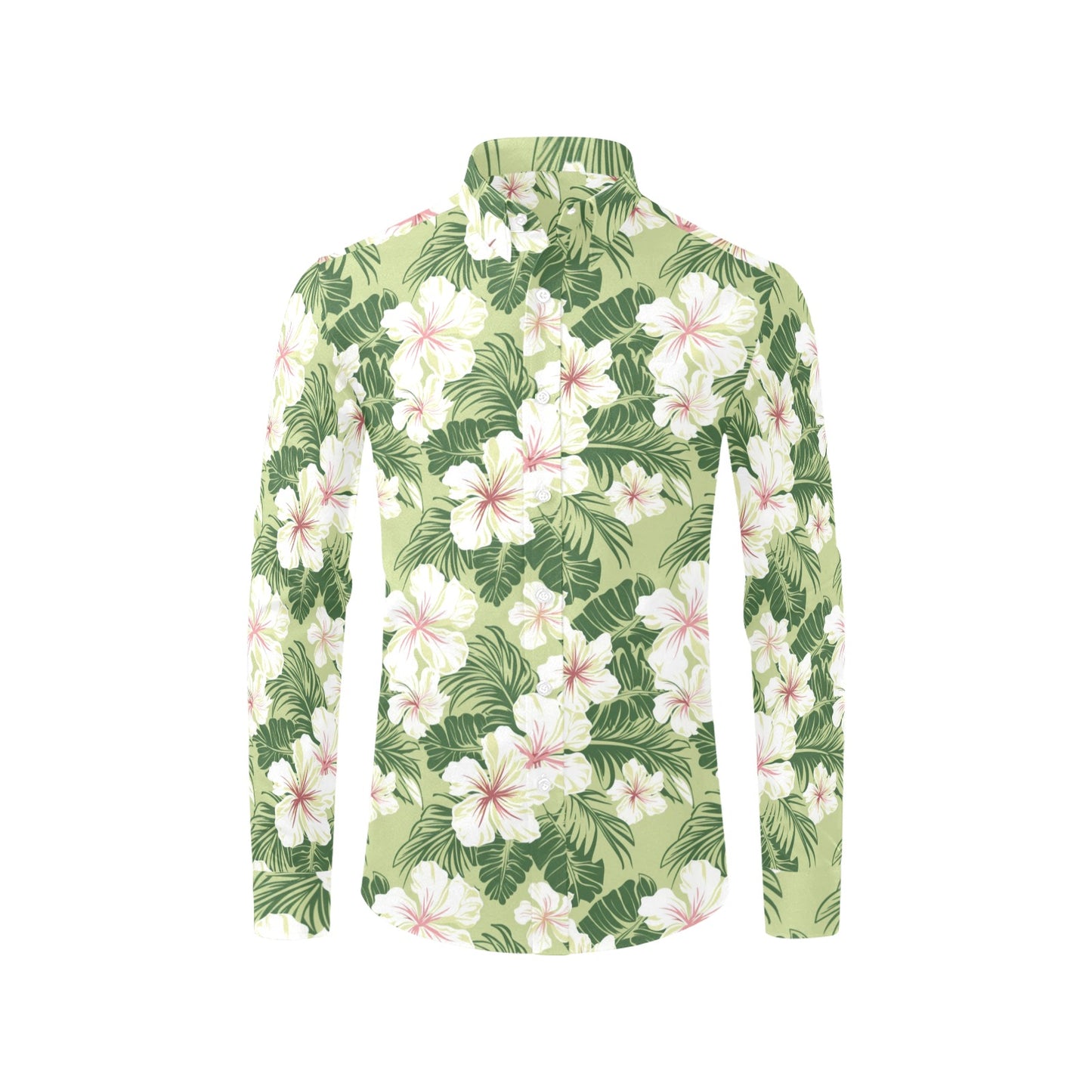 Green Hibiscus Long Sleeve Men Button Up Shirt, Hawaiian White Tropical Print Casual Dress Buttoned Collar Chest Pocket Lightweight Male - Starcove Fashion