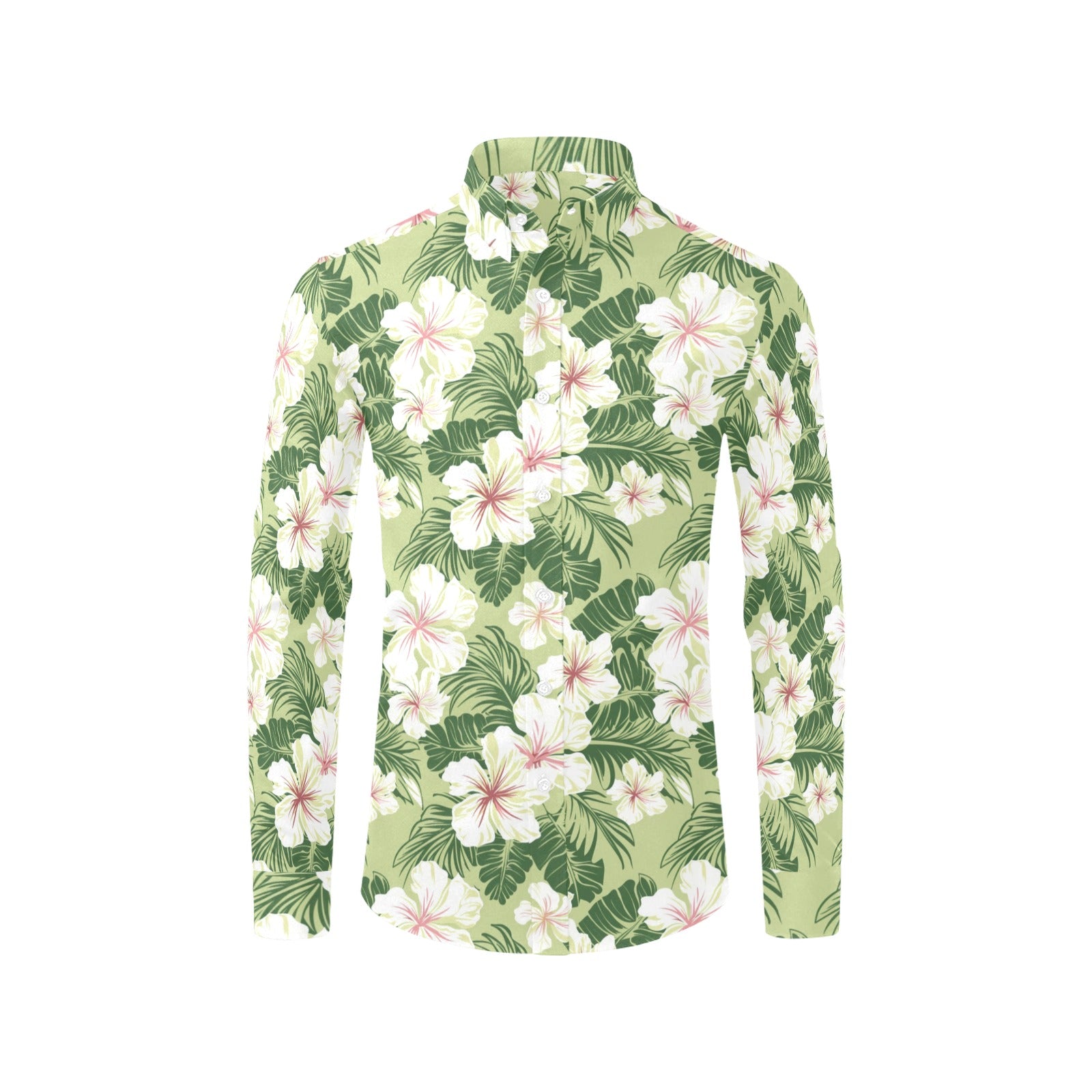 Green Hibiscus Long Sleeve Men Button Up Shirt, Hawaiian White Tropical Print Casual Dress Buttoned Collar Chest Pocket Lightweight Male - Starcove Fashion