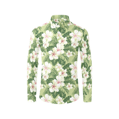 Green Hibiscus Long Sleeve Men Button Up Shirt, Hawaiian White Tropical Print Casual Dress Buttoned Collar Chest Pocket Lightweight Male - Starcove Fashion