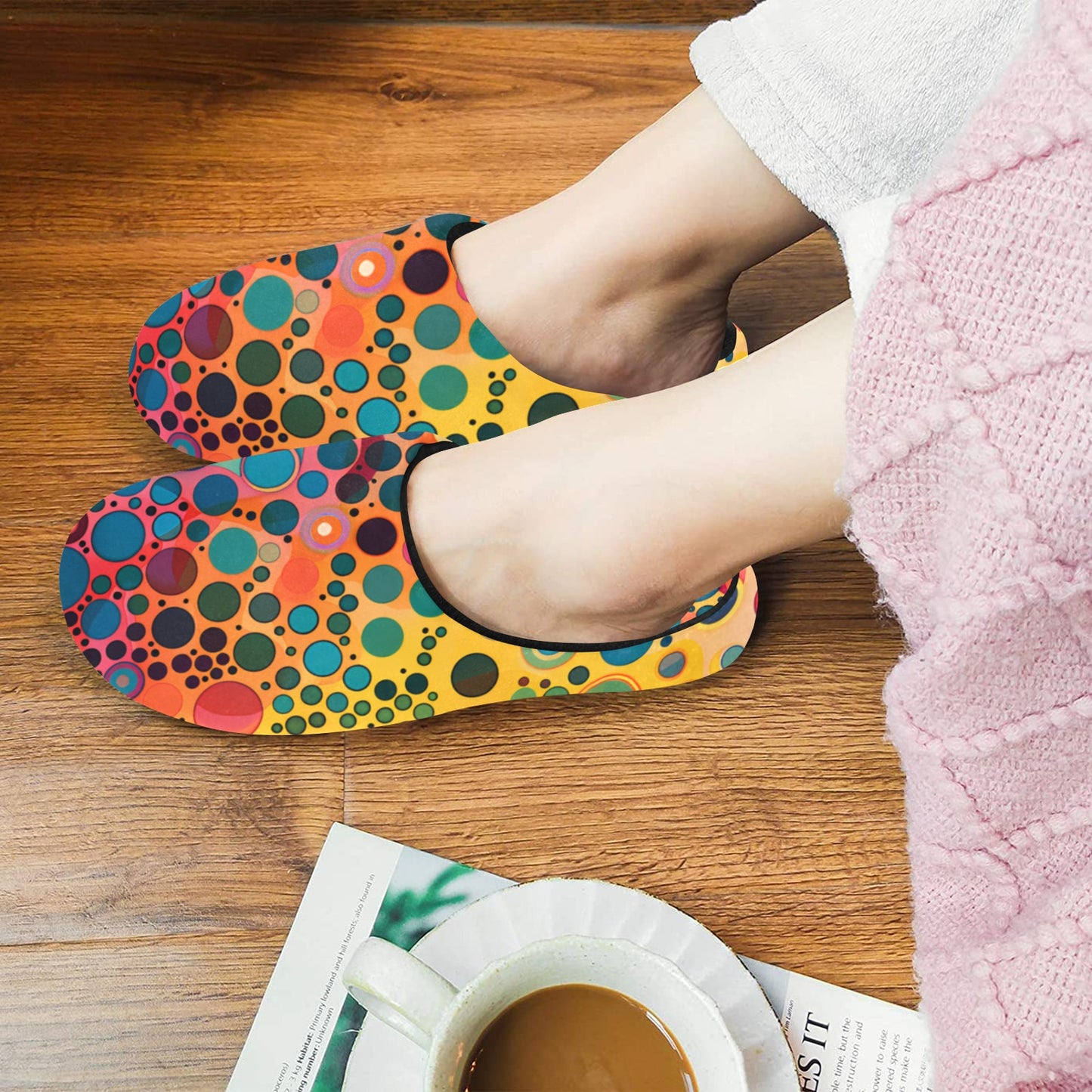Psychedelic  Women's Slippers, Colorful Dots Art Funky Ladies House Slide Handmade Bedroom Warm Winter Cozy Designer Slip On Cotton Shoes