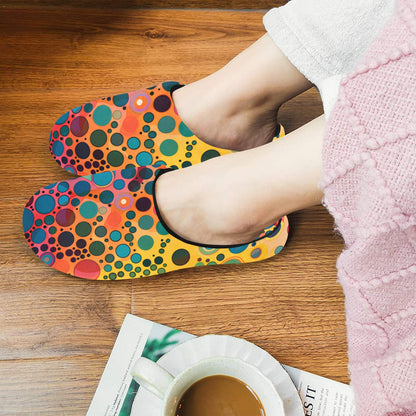 Psychedelic  Women's Slippers, Colorful Dots Art Funky Ladies House Slide Handmade Bedroom Warm Winter Cozy Designer Slip On Cotton Shoes