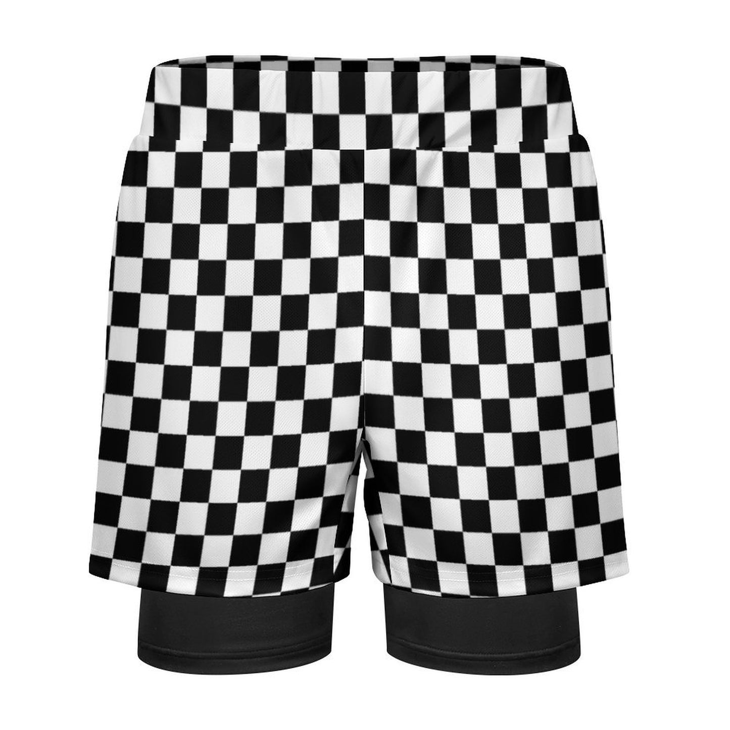 Checkered Men 2 in 1 Lined Shorts, Black White Check Compression Liner Running Gym Workout Graphic Athletic Sports Mesh Pockets Drawstring - Starcove Fashion