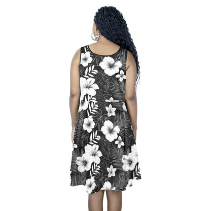 Floral Midi Dress, Black White Hibiscus Flowers Women Sleeveless Designer Elegant Plus Size Ladies Expansion Cocktail Party Summer Designer
