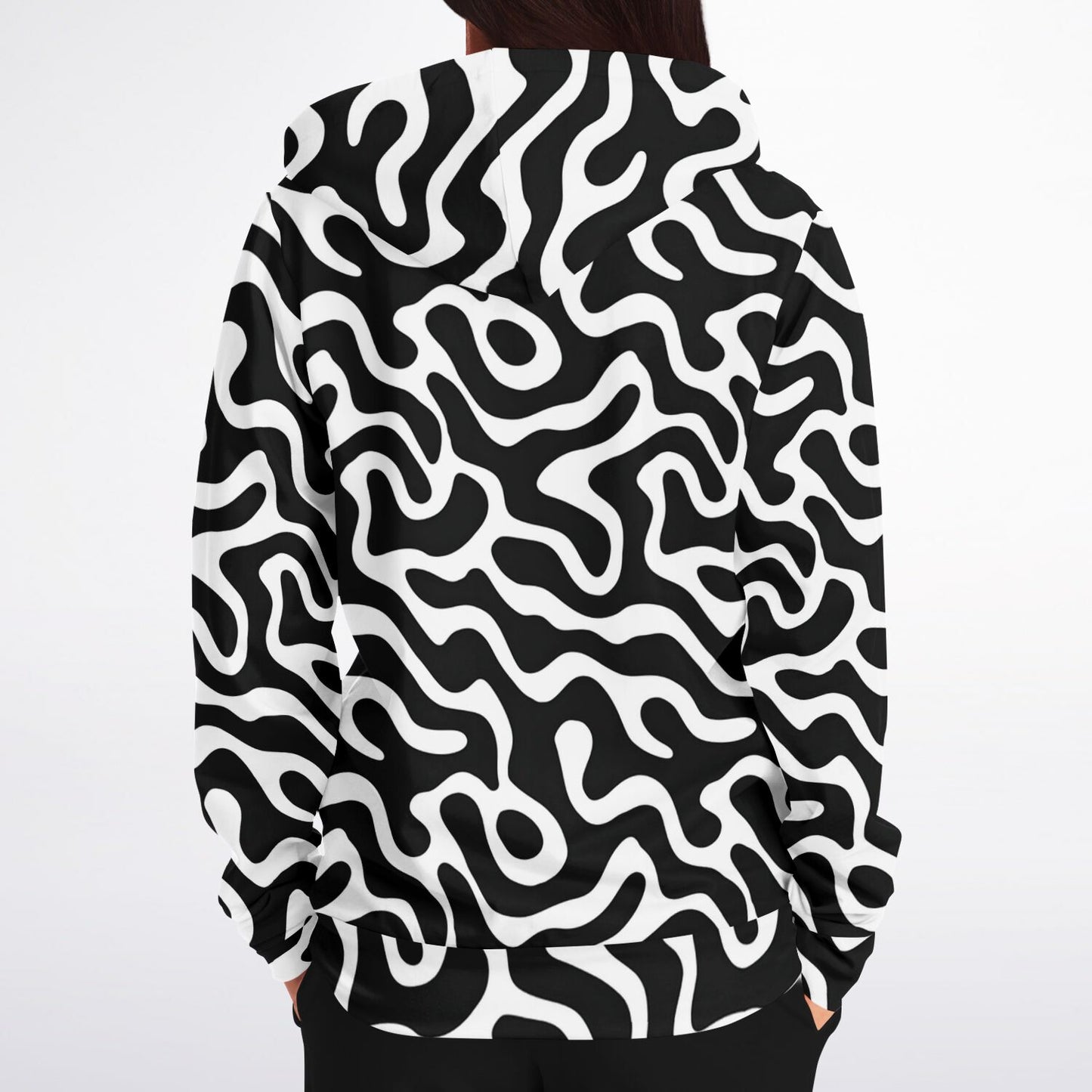 Black White Zip Up Hoodie, Trippy Psychedelic Wavy Groovy Funky Full Zipper Pocket Men Women Unisex Adult Cotton Fleece Hooded Sweatshirt