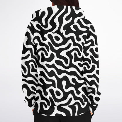 Black White Zip Up Hoodie, Trippy Psychedelic Wavy Groovy Funky Full Zipper Pocket Men Women Unisex Adult Cotton Fleece Hooded Sweatshirt