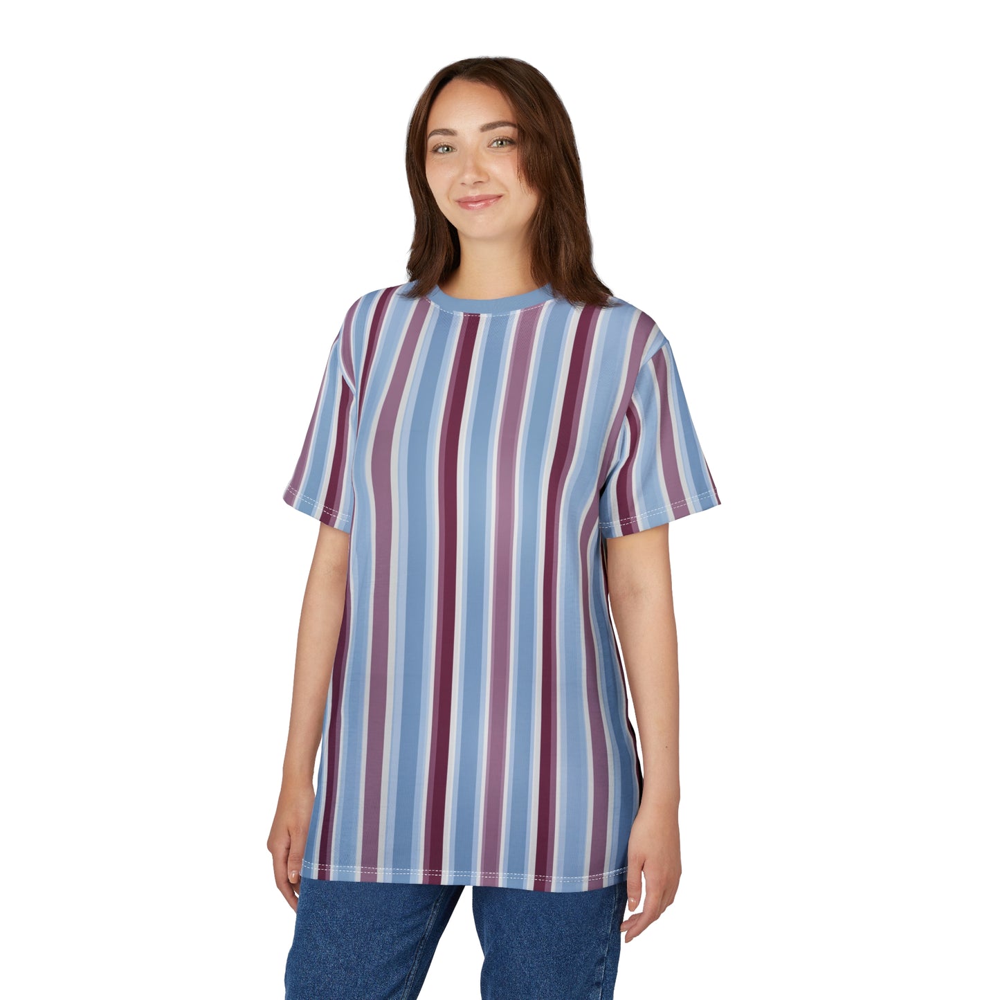 Blue Burgundy Striped Tshirt, Vertical Stripe Designer Aesthetic Lightweight Heavyweight Crewneck Men Women Tee Top Short Sleeve Shirt