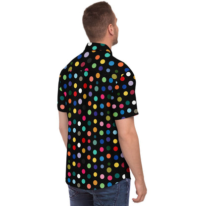 Vibrant Polk Dots Men Button Up Shirt, Colorful Festival Short Sleeve Print Casual Buttoned Down Summer Male Guys Collared Designer Dress