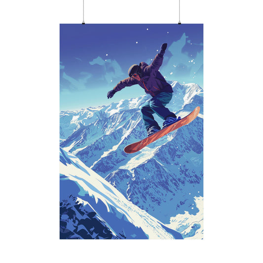 Snowboarder Jumping Poster Print, Snow Snowboard Mountain Winter Sport Vintage Retro Wall Art Vertical Paper Artwork Small Large Cool Decor