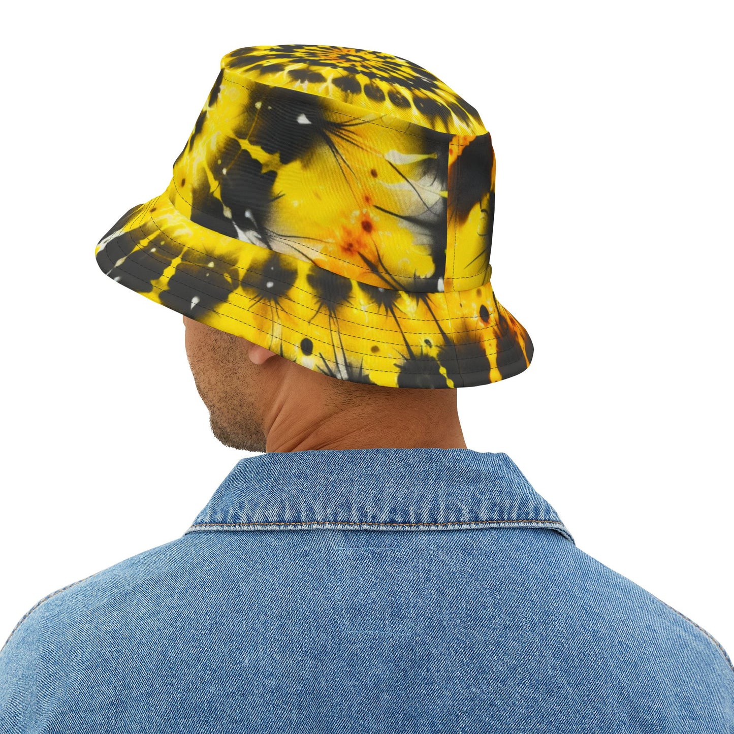 Yellow Tie Dye Bucket Cap Hat, Black Print Beach Women Men Kids Children Golf Summer Festival Cute Designer Sun Shade Ladies Small Large