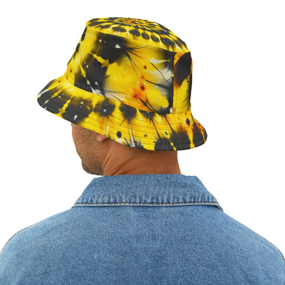 Yellow Tie Dye Bucket Cap Hat, Black Print Beach Women Men Kids Children Golf Summer Festival Cute Designer Sun Shade Ladies Small Large