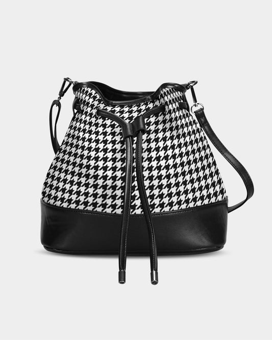Houndstooth Mini Bucket Bag, Black White Handbag Purse Women Ladies Canvas Vegan Leather Drawstring Designer Small Shoulder Strap Luxury - Starcove Fashion