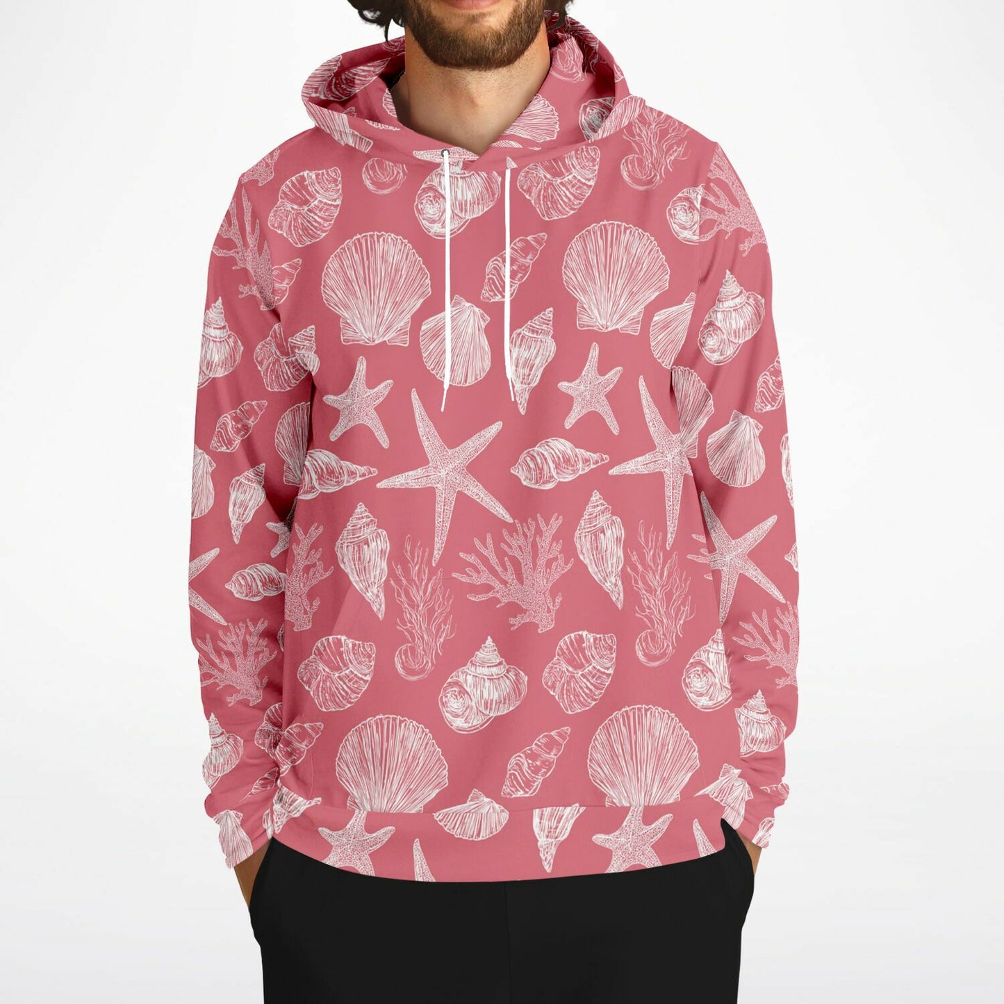 Coral Pink Beach Hoodie, Ocean Sea Shells Star Pullover Men Women Adult Graphic Cotton Hooded Sweatshirt with Pockets Designer Plus Size