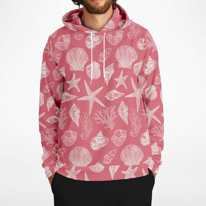 Coral Pink Beach Hoodie, Ocean Sea Shells Star Pullover Men Women Adult Graphic Cotton Hooded Sweatshirt with Pockets Designer Plus Size