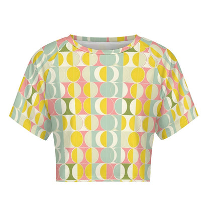 Mid Century Modern Crop Top Tshirt, Yellow Geometric Belly Tee Women Ladies Adult Cute Aesthetic Graphic Crewneck Festival Y2K Cropped Shirt