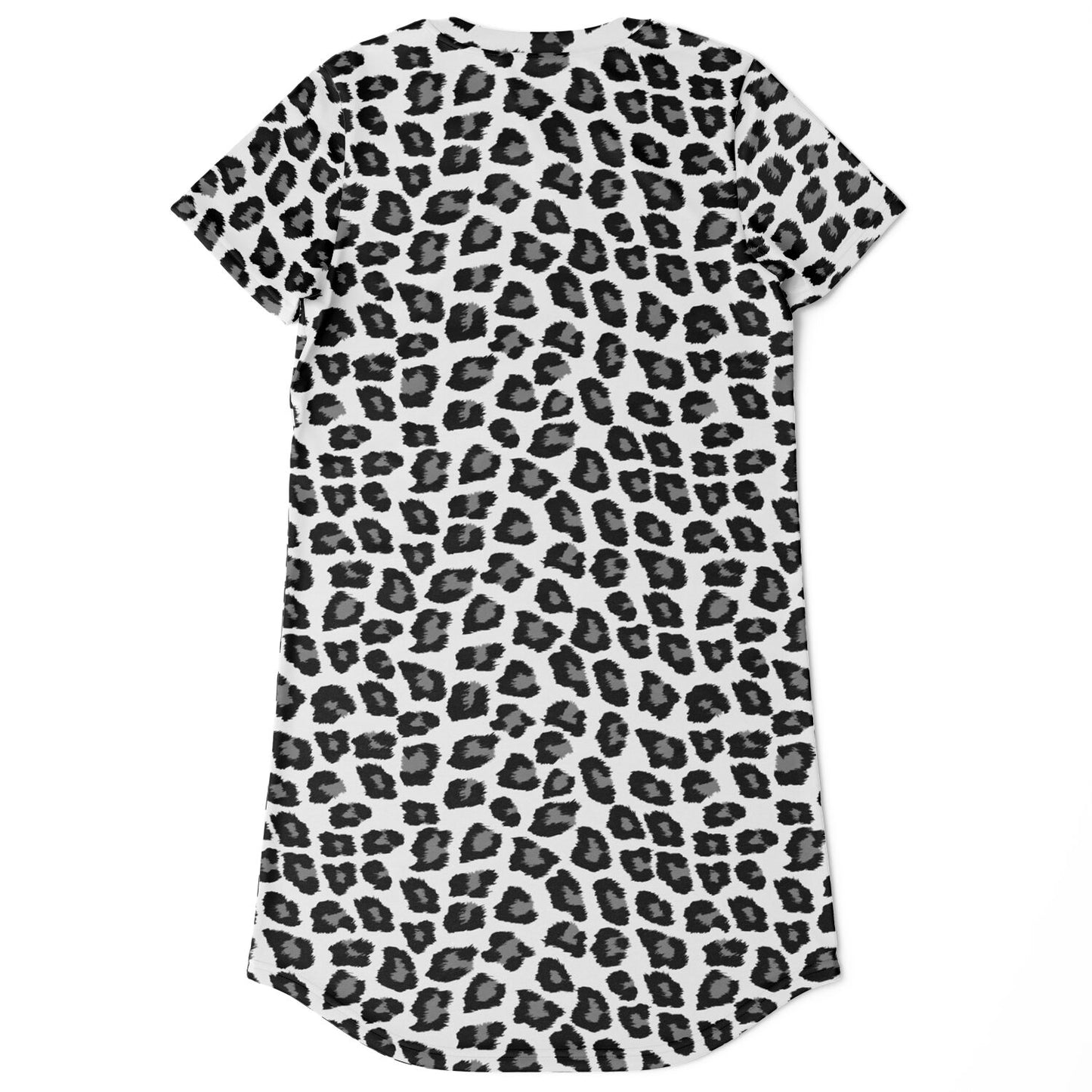 Snow Leopard Tshirt Dress, Black White Animal Print Women Ladies Mini Summer Beach Shirt Festival Concert Casual Short Sleeve Cover Up Tee