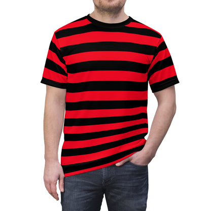 Red and Black Striped Men Tshirt, Horizontal Bold Stripes Designer Lightweight Heavyweight Aesthetic Fashion Crewneck Tee Top Shirt