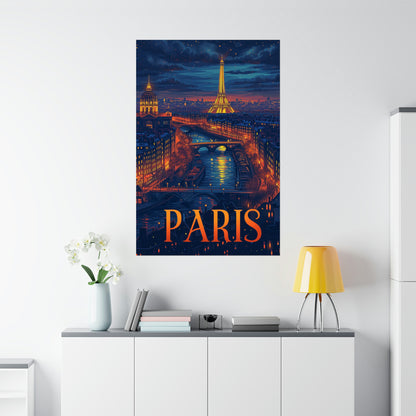 Paris France Poster Print, Eifel Tower Vintage Retro Night Wall Image Art Vertical Paper Artwork Small Large Travel Cool Room Office Decor