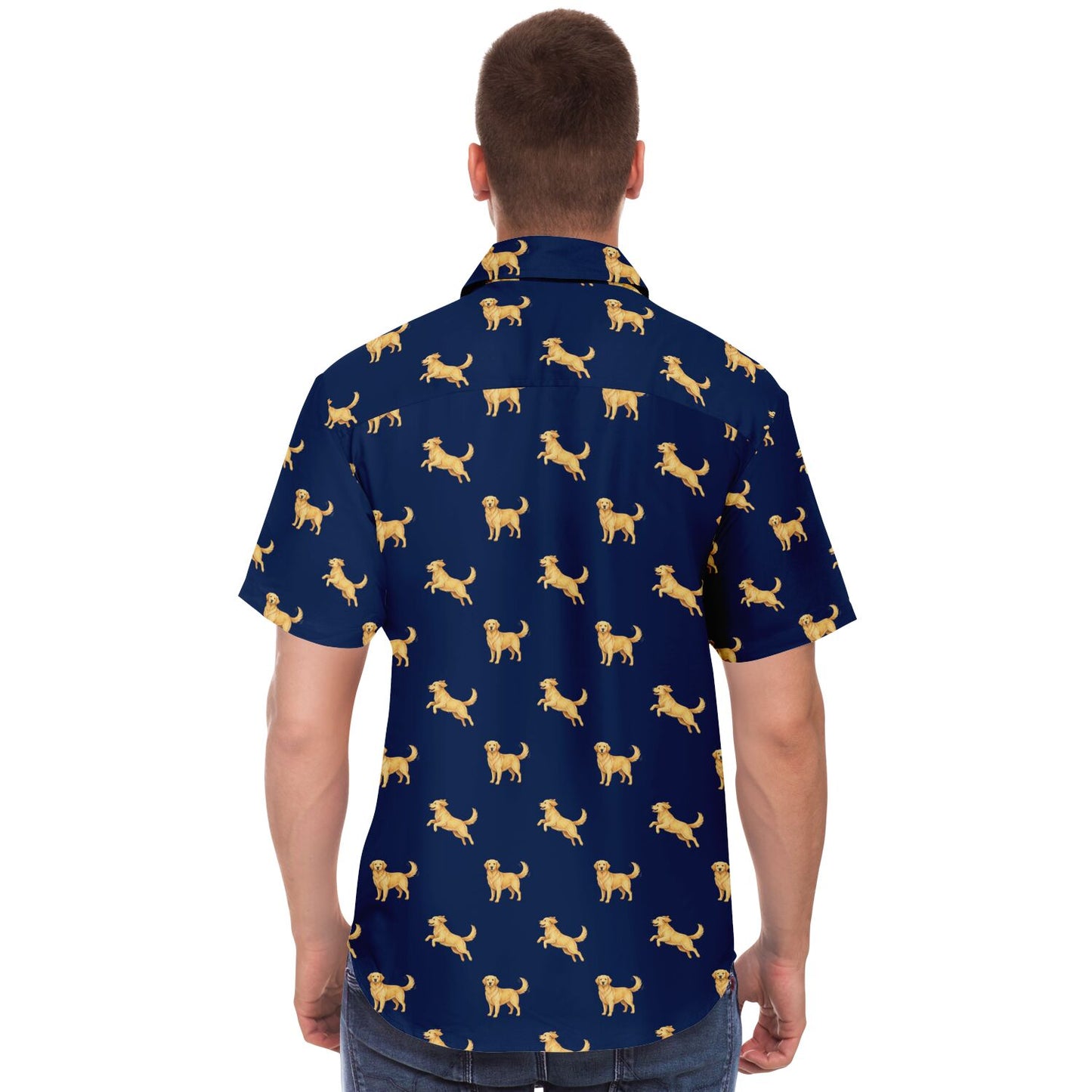 Golden Retriever Men Button Up Shirt, Dog Animal Navy Short Sleeve Print Casual Buttoned Down Summer Male Guys Collared Designer Dress