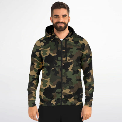 Brown Green Camo Zip Up Hoodie, Black Camouflage Full Zipper Pocket Men Women Unisex Adult Aesthetic Cotton Fleece Hooded Sweatshirt