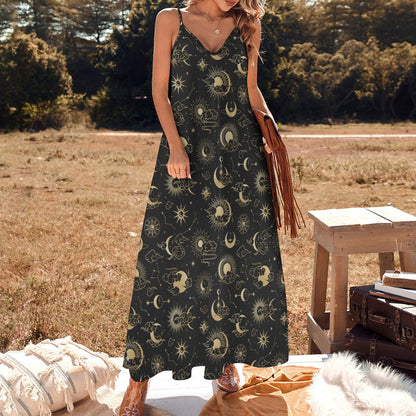 Sun Moon Maxi Dress, Space Constellation Stars Long Spaghetti Straps Flowy Women Sleeveless Designer Plus Size Cocktail Party Summer