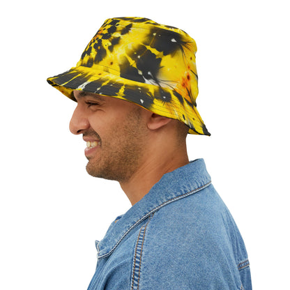 Yellow Tie Dye Bucket Cap Hat, Black Print Beach Women Men Kids Children Golf Summer Festival Cute Designer Sun Shade Ladies Small Large