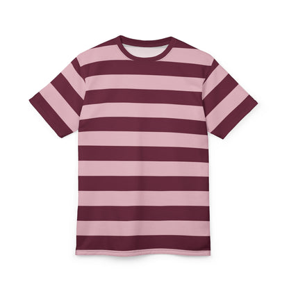 Burgundy Pink Striped Tshirt, Maroon Blush Horizontal Retro Designer Lightweight Heavyweight Crewneck Men Women Tee Top Short Sleeve Shirt
