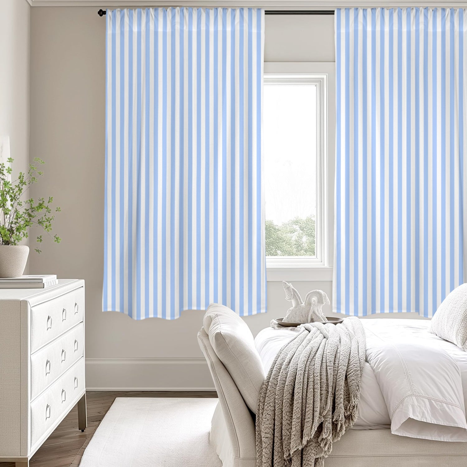 Light Blue Striped Window Curtain, Vertical Stripe White Kitchen Living Room Bedroom Bathroom Fabric Patterned Unique Rod Pocket Decor Home - Starcove Fashion