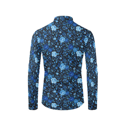 Black Blue Floral Long Sleeve Men Button Up Shirt, Rose Flowers Print Casual Buttoned Collared Designer Dress Shirt Chest Pocket Male