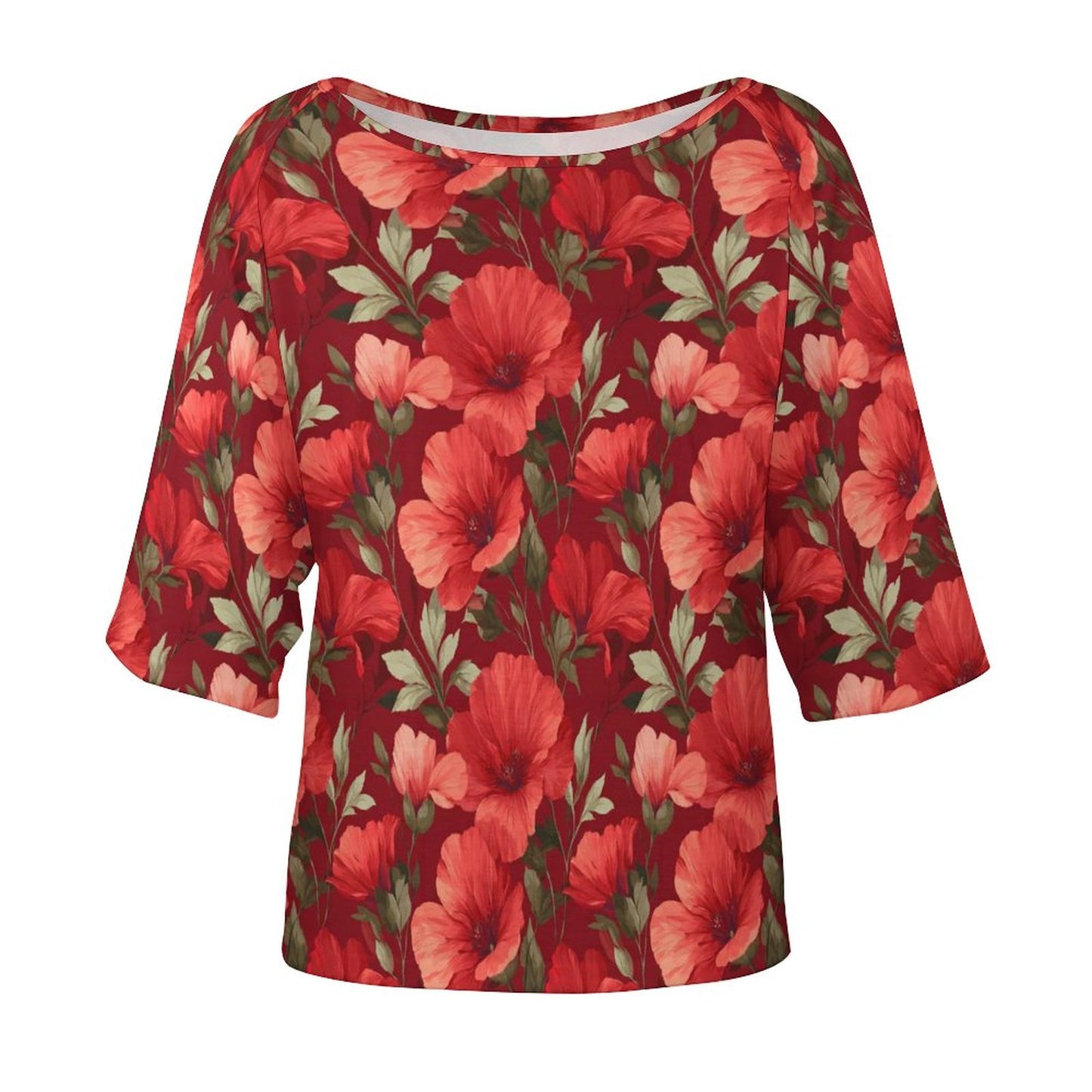 Red Floral Off the Shoulder Top Tshirt, Flowers Women Ladies Half Sleeve Shirt Blouse Loose Relaxed Fit Festival Casual Lightweight