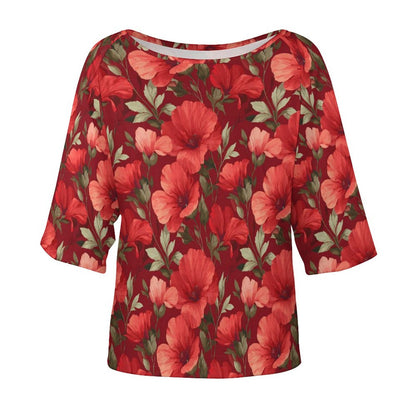 Red Floral Off the Shoulder Top Tshirt, Flowers Women Ladies Half Sleeve Shirt Blouse Loose Relaxed Fit Festival Casual Lightweight