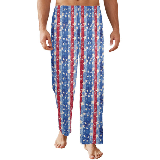 Red White Blue Striped Men Pajamas Pants, American USA Stripes Satin PJ Pockets Sleep Trousers Sleepwear Guys Male Long Lounge Bottoms - Starcove Fashion