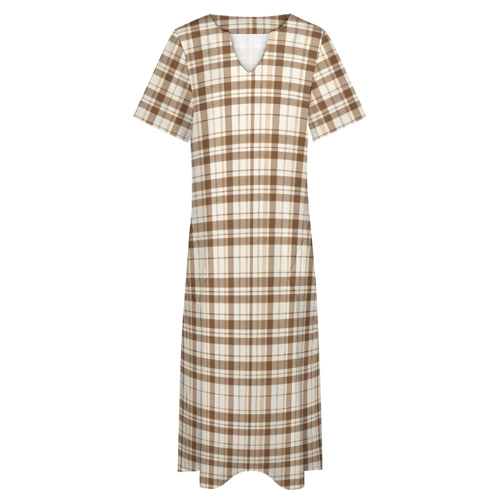 Brown Off White Plaid Women Maxi Dress, Tartan Check V-Neck Short Sleeve Evening Cocktail Ladies Handmade Designer Plus Size Outfit Pockets
