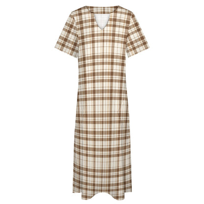 Brown Off White Plaid Women Maxi Dress, Tartan Check V-Neck Short Sleeve Evening Cocktail Ladies Handmade Designer Plus Size Outfit Pockets
