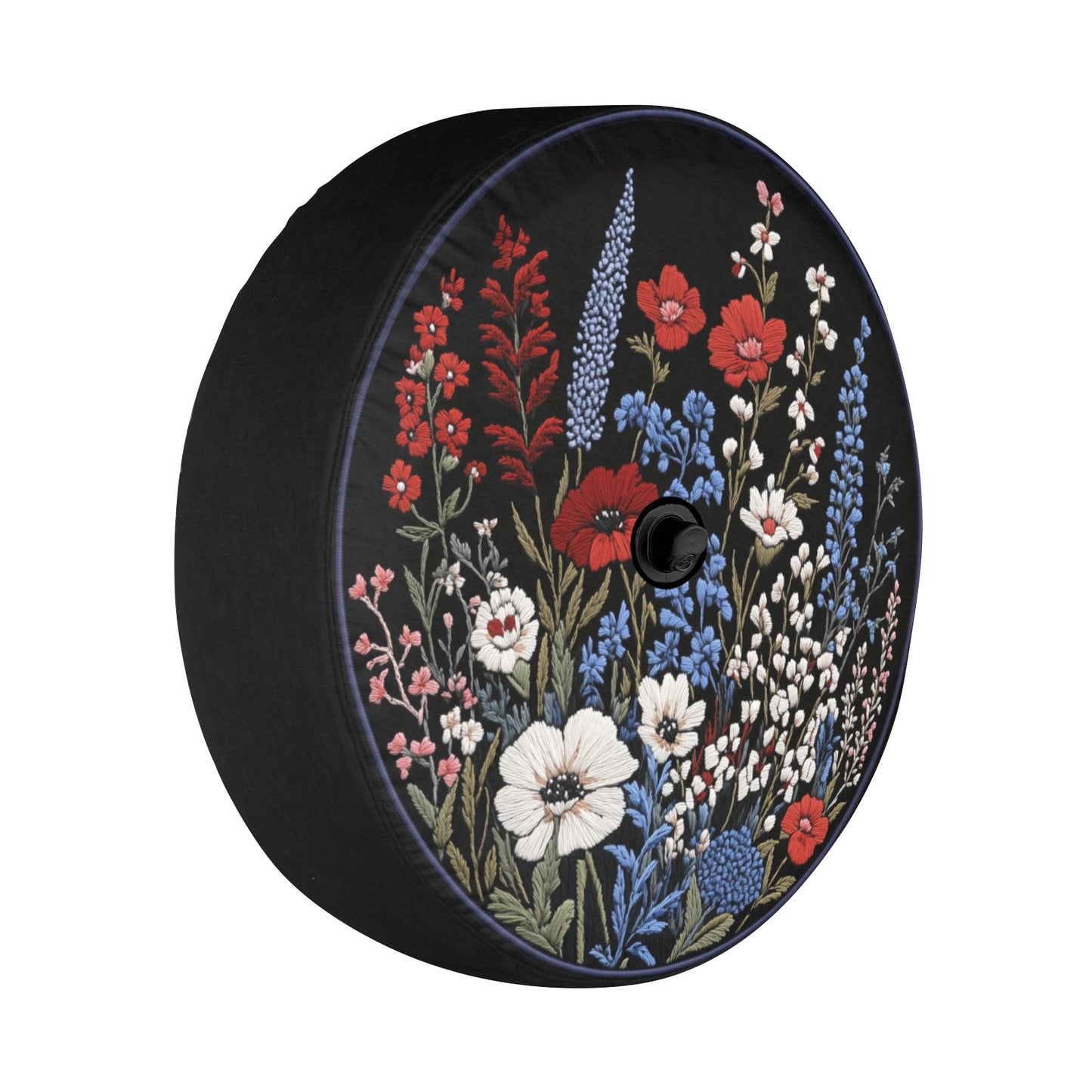 Red White Blue Flowers Spare Tire Cover, Faux Embroidery Botanical Printed Floral Wheel Unique Backup Camera Hole Trailer Back Men Women RV - Starcove Fashion