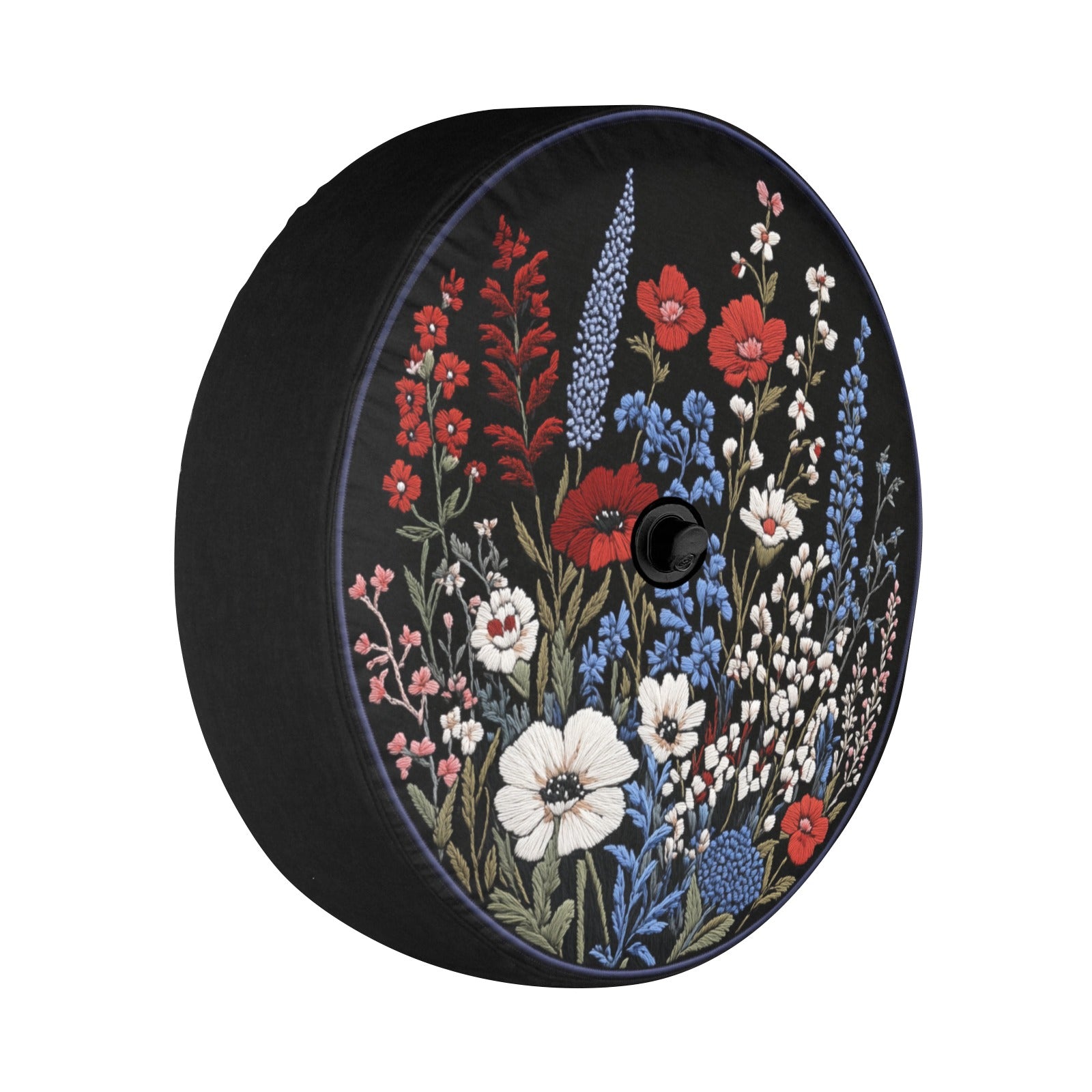 Red White Blue Flowers Spare Tire Cover, Faux Embroidery Botanical Printed Floral Wheel Unique Backup Camera Hole Trailer Back Men Women RV - Starcove Fashion