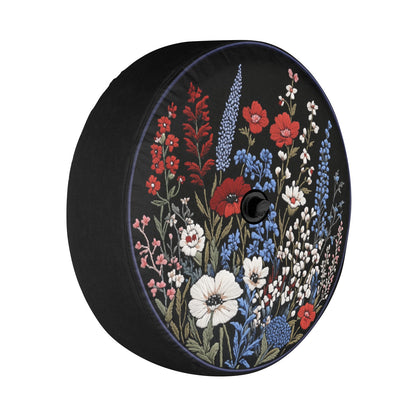 Red White Blue Flowers Spare Tire Cover, Faux Embroidery Botanical Printed Floral Wheel Unique Backup Camera Hole Trailer Back Men Women RV - Starcove Fashion