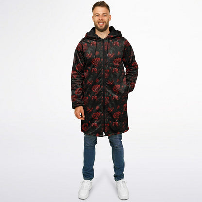 Red Roses Hooded Fleece Jacket, Black Zipper Coat Cloak Men Women Ladies Long Winter Warm Mink Hooded Parka Festival Wearable Cape Pockets