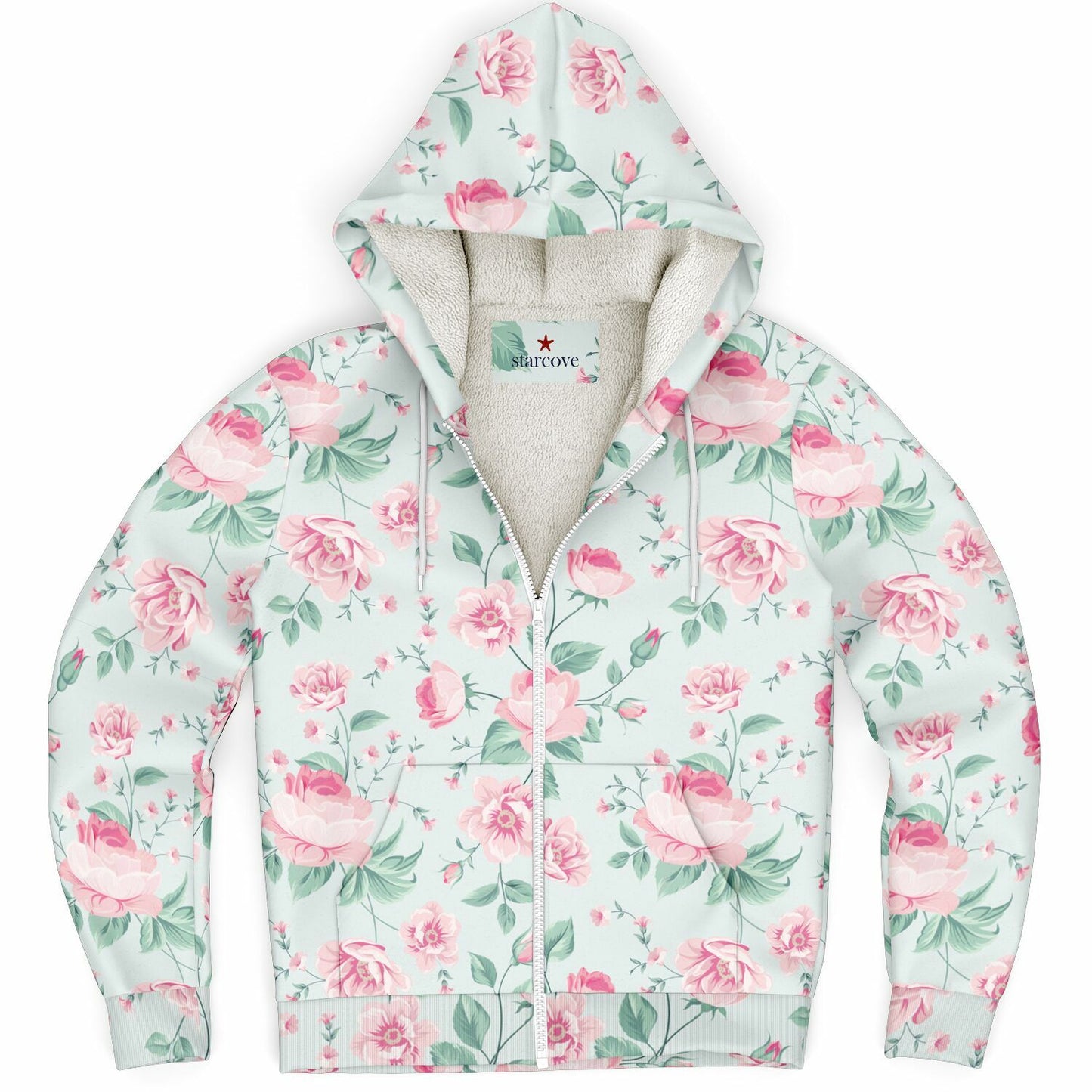 Pink Green Floral Zip Up Fleece Lined Hoodie, Flowers Peony Blossom Heavyweight Full Zipper Pocket Men Women Unisex Hooded Sweatshirt Jacket
