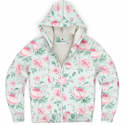 Pink Green Floral Zip Up Fleece Lined Hoodie, Flowers Peony Blossom Heavyweight Full Zipper Pocket Men Women Unisex Hooded Sweatshirt Jacket