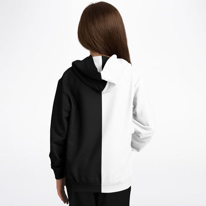 Half Black Half White Kids Pullover Hoodie, Two Tone Color Split Girls Boy Toddler Youth Children Fleece Cozy Cotton Hooded Sweatshirt Pockets