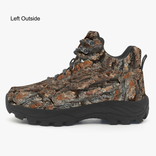 Bark Tree Camo Hiking Leather Boots, Real Camouflage Wood Men Women Lace Up Walking Hunting Rubber Shoes Print Black Ankle Winter