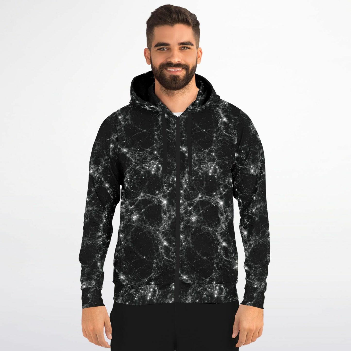 Black Galaxy Zip Up Hoodie, Space Stars Universe Full Zipper Pocket Men Women Unisex Adult Aesthetic Graphic Cotton Fleece Hooded Sweatshirt