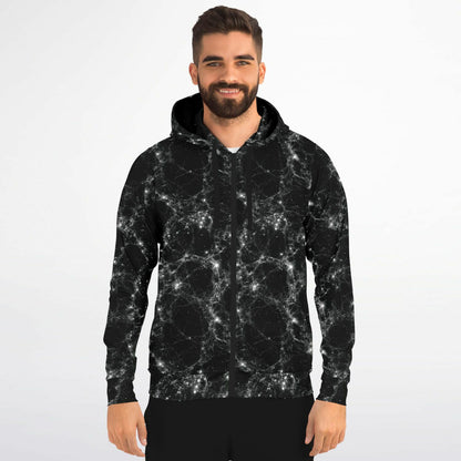 Black Galaxy Zip Up Hoodie, Space Stars Universe Full Zipper Pocket Men Women Unisex Adult Aesthetic Graphic Cotton Fleece Hooded Sweatshirt