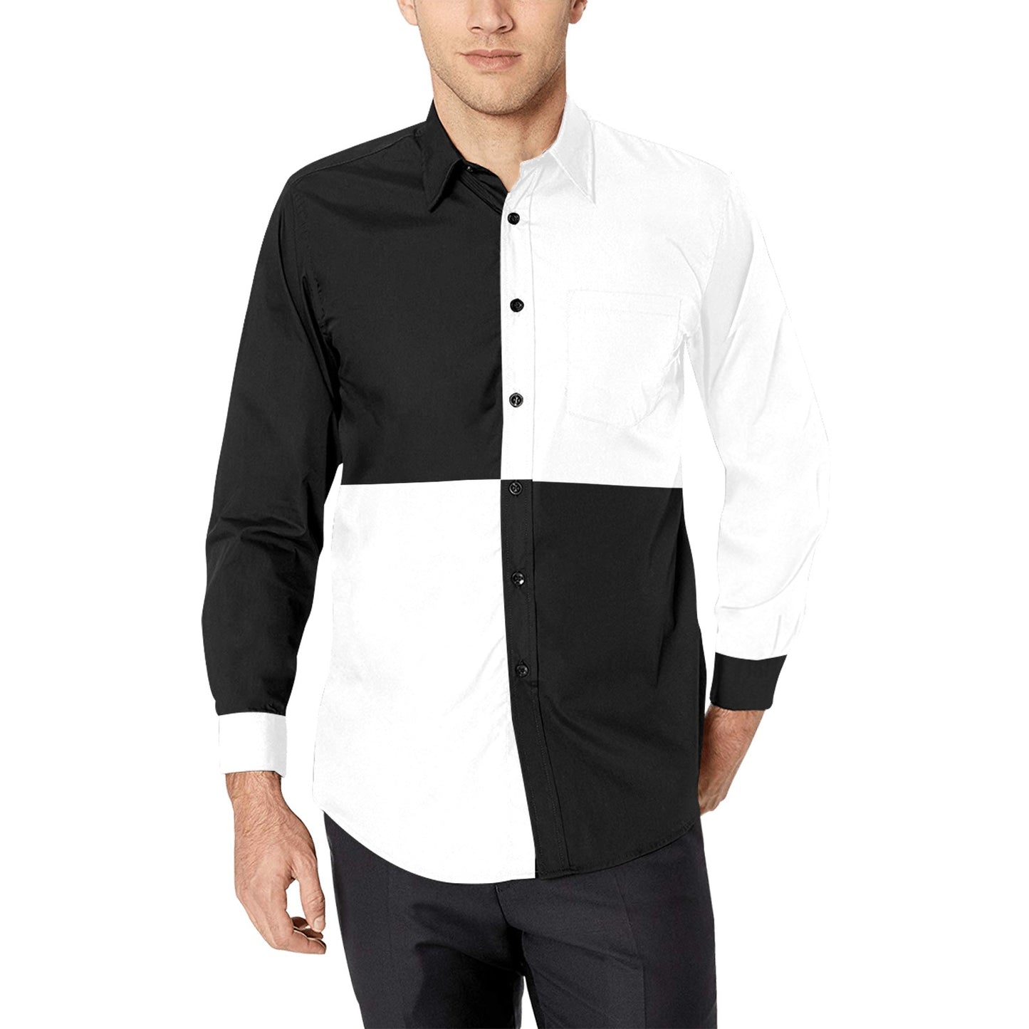 Black White Color Block Long Sleeve Men Button Up Shirt, Half Split Two Tone Combo Print Buttoned Collared Casual Male Dress Chest Pocket