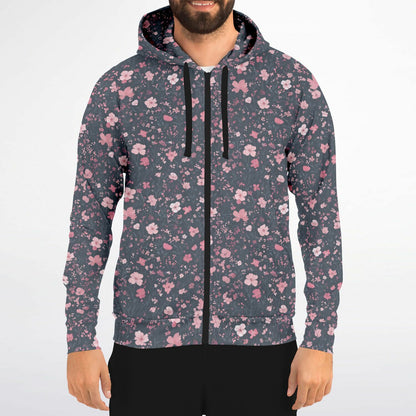 Floral Pink Zip Up Hoodie, Ditsy Flowers Full Zipper Pocket Men Women Unisex Adult Aesthetic Graphic Cotton Fleece Hooded Sweatshirt
