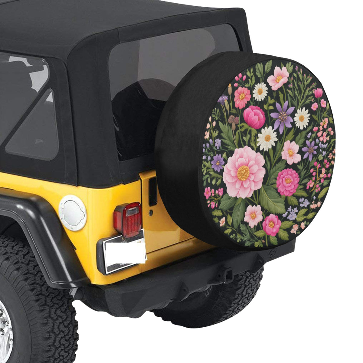 Pink Purple Flowers Spare Tire Cover, Daisy Floral Faux Embroidery Printed Floral Wheel Unique Backup Camera Hole Trailer Back Women RV