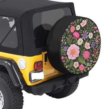 Pink Purple Flowers Spare Tire Cover, Daisy Floral Faux Embroidery Printed Floral Wheel Unique Backup Camera Hole Trailer Back Women RV