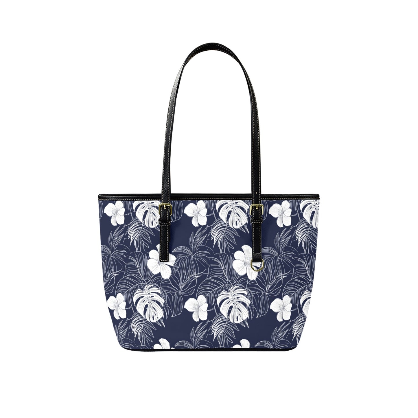 Navy Blue White Floral Tote Bag Purse, Hibiscus Flowers Art Women Vegan Leather Handbag  Zip on Top Designer Handmade Shoulder Ladies Bag