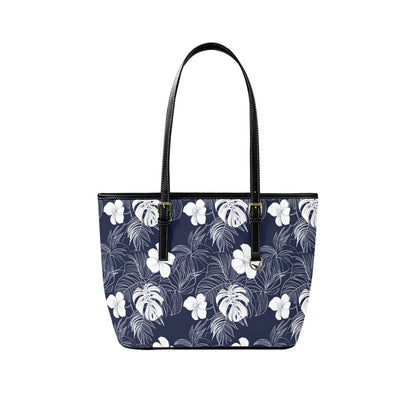 Navy Blue White Floral Tote Bag Purse, Hibiscus Flowers Art Women Vegan Leather Handbag  Zip on Top Designer Handmade Shoulder Ladies Bag